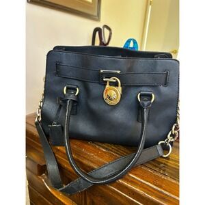 Michael Kors Hamilton Satchel Black Saffiano Leather Gold Padlock Handbag Bag